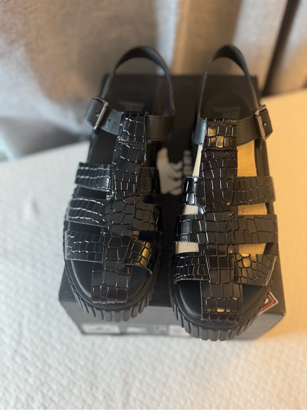 Sorel Black Faux-Croc Strappy Platform Sandals